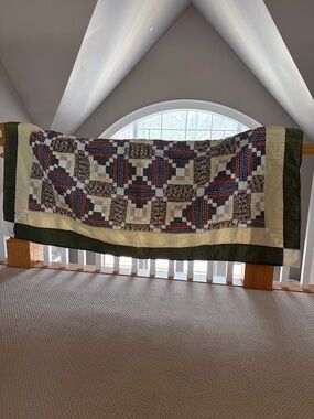 Antique Vintage Handcrafted Patchwork Quilt in Green, Cream, Red and Blue